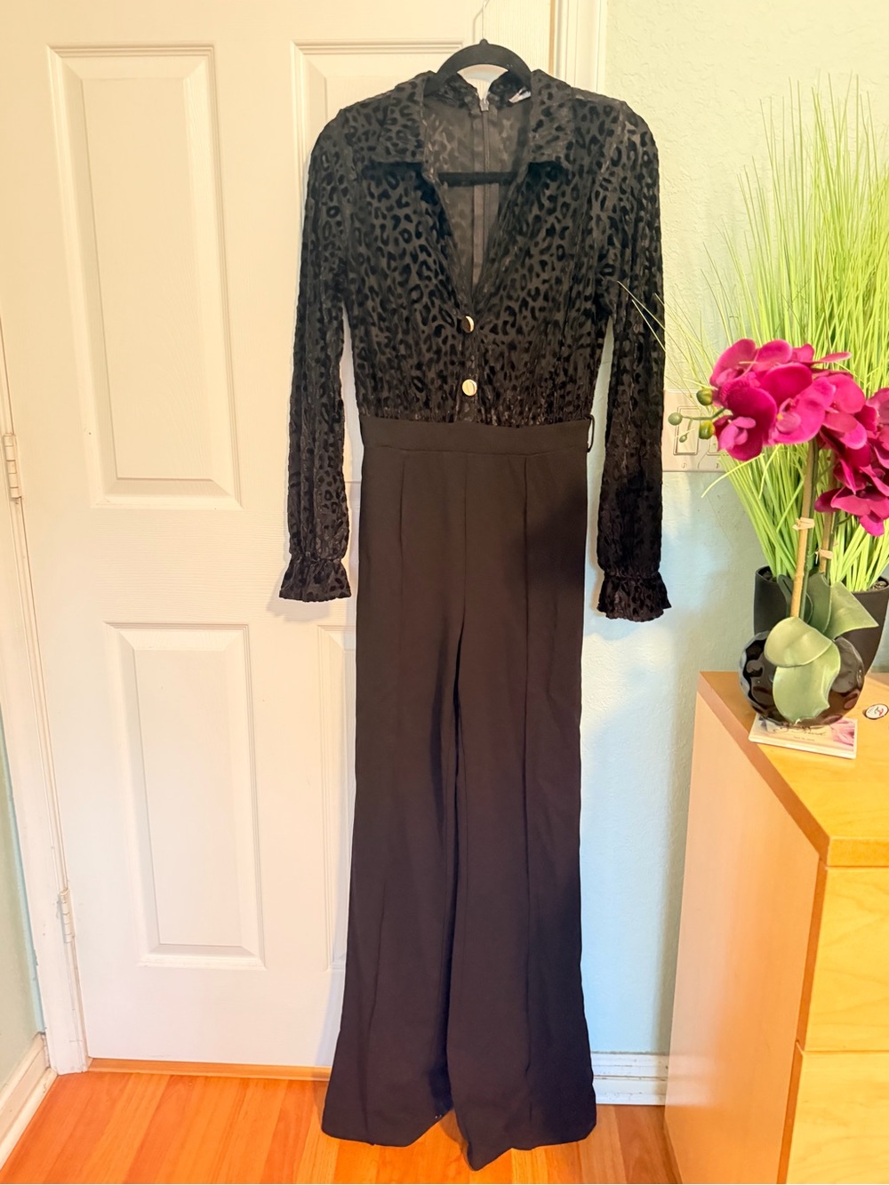 Fashion Nova Black Sheer Leopard-Texture Long-Sleeve Jumpsuit with Gold Buttons